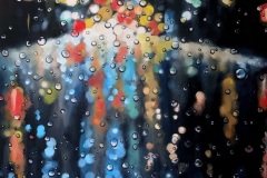 rain on window city lights painting